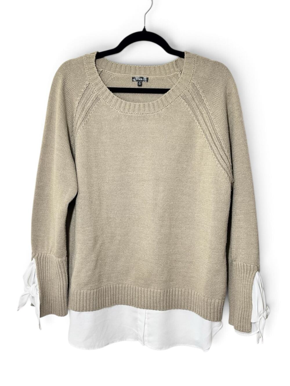 Hannah Layered Knit Pullover Sweater with Poplin Tie-Cuffs - Large